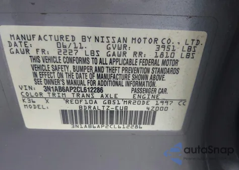 2012 Nissan Sentra 2.0 S from USA, damaged, VIN 3N1AB6AP2CL612286